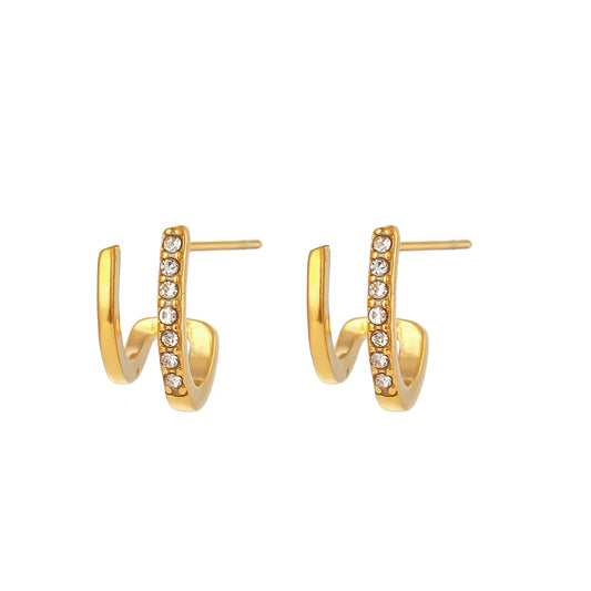 Crystal Paved Double Layer Hollow Huggie Earrings for Ladies